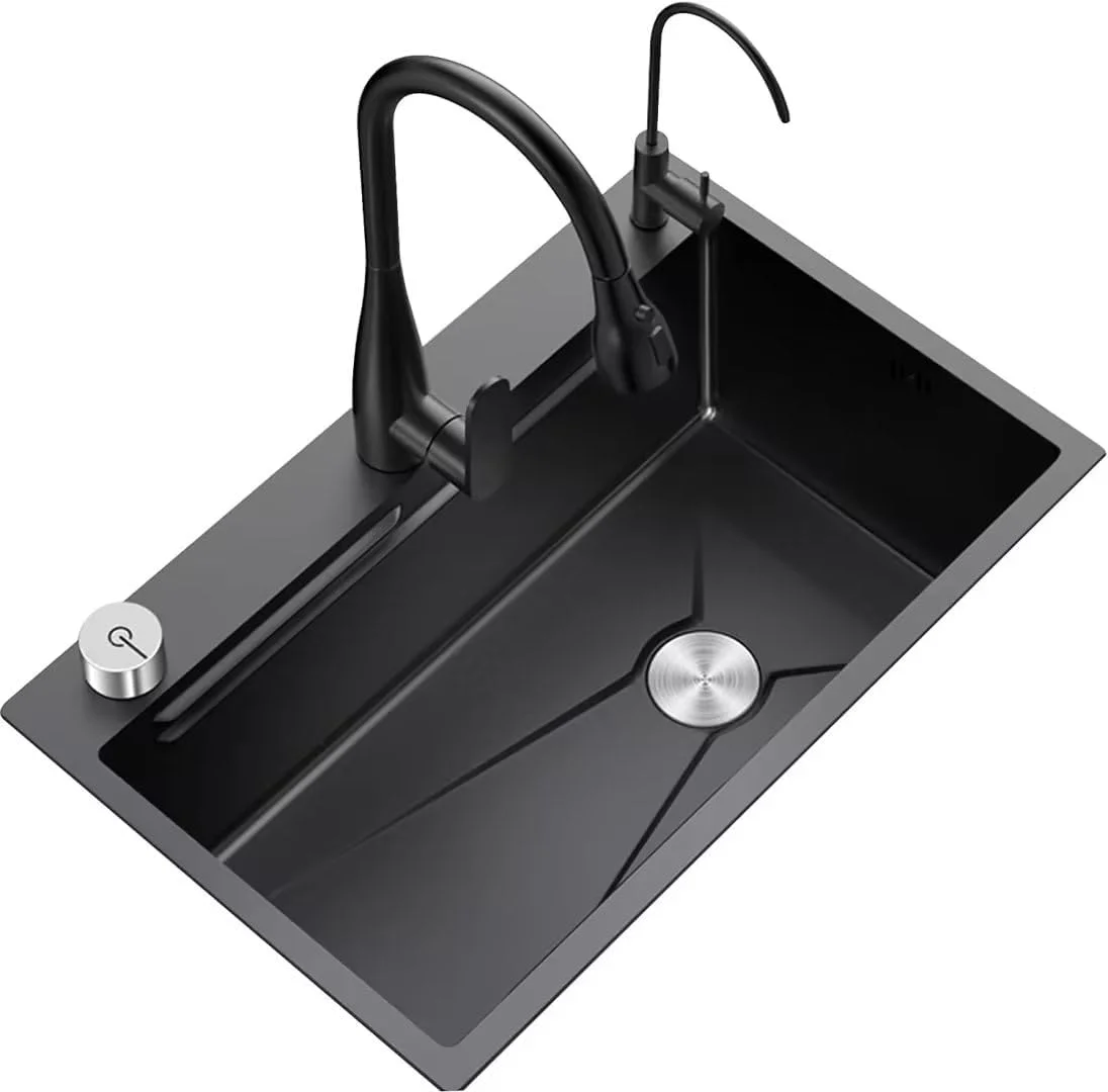سینک ظرفشویی توکار بزرگ تک لگنه، سینک ایستگاه کاری، سینک آشپزخانه خانگی به همراه لوازم جانبی و شیر آب بیرون کشیدنی سه سرعته (65 46cm مشکی)