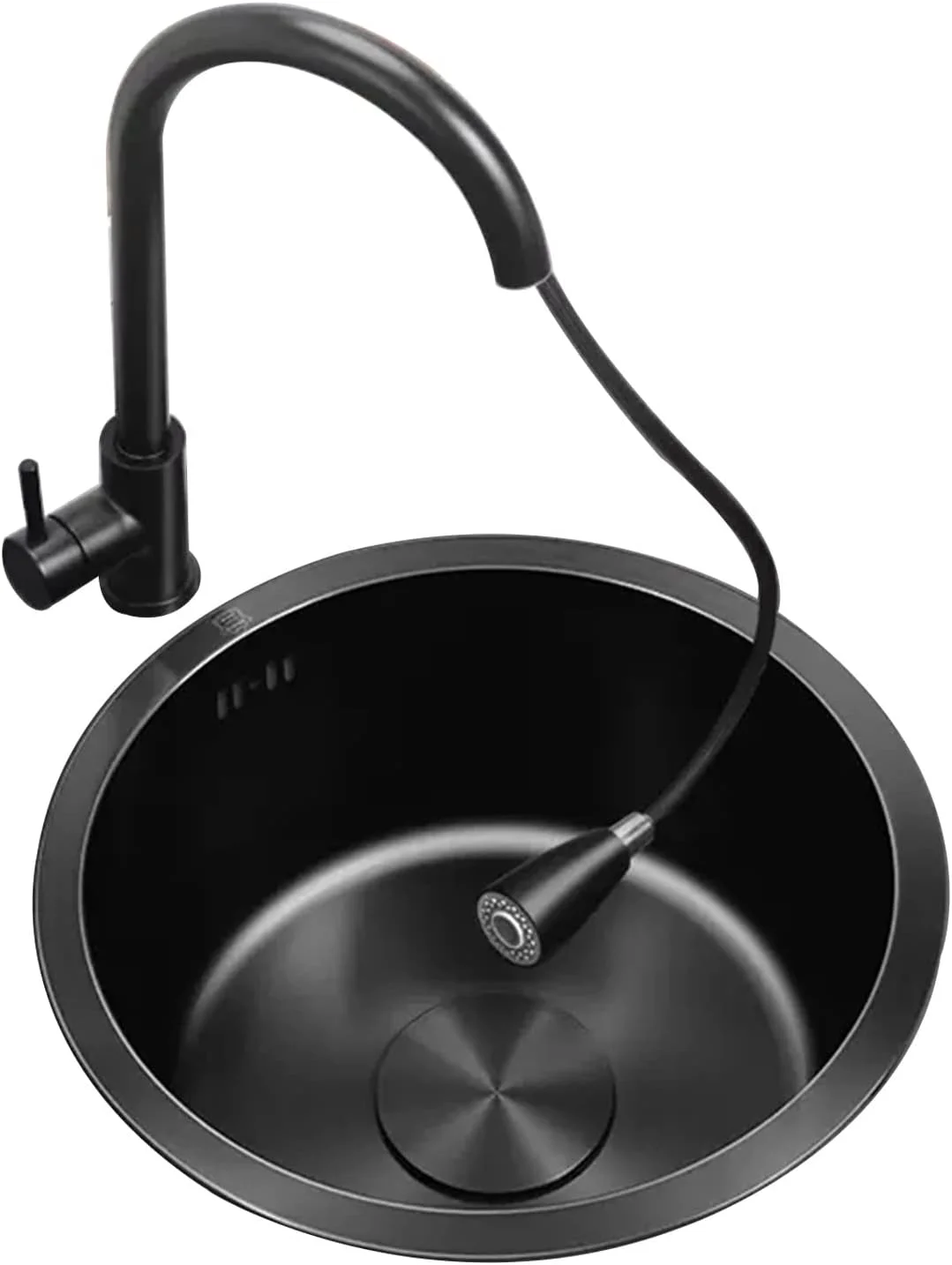 سینک گرد با شیر آب بیرون کشیدنی، سینک آشپزخانه مشکی گرد کوچک، سینک بار توکار، سینک زیرکابینتی با لوازم جانبی کامل / 40 سانتی متر