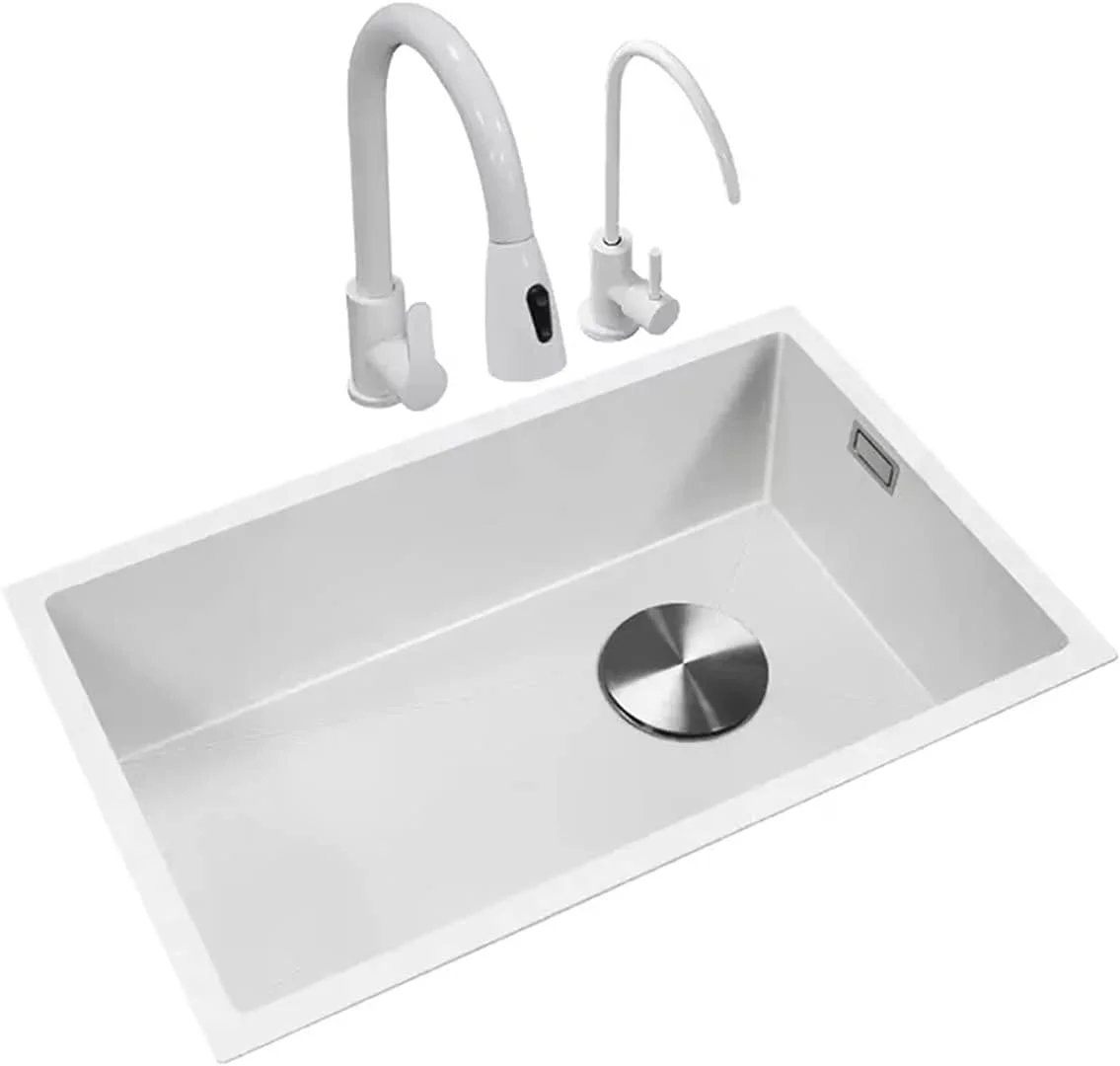 سینک ظرفشویی توکار دست ساز بزرگ تک لگنه سفید نانو سینک استیل 304 مناسب آشپزخانه بالکن بار