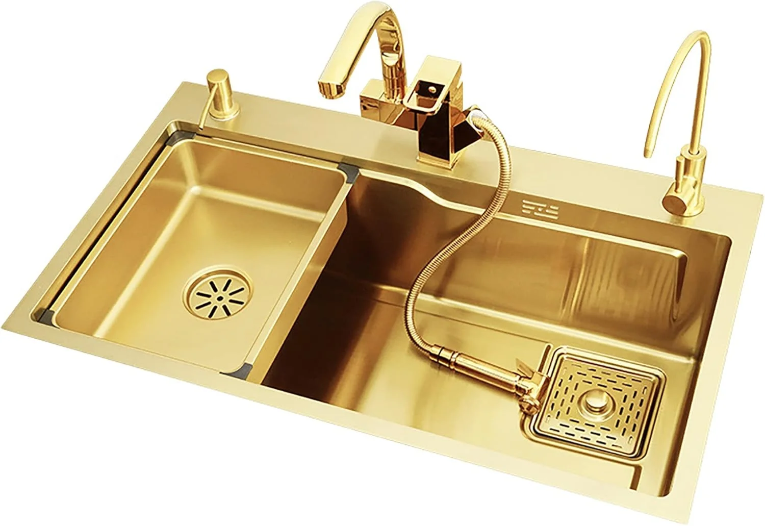 سینک ظرفشویی استیل 304 طلایی، سینک زیرکابینتی مدرن، سینک کاربردی، سینک کارگاهی توکار، سینک مزرعه، سینک لباسشویی به همراه شیر آب بیرون کشویی، لگن کوچک و تخته برش