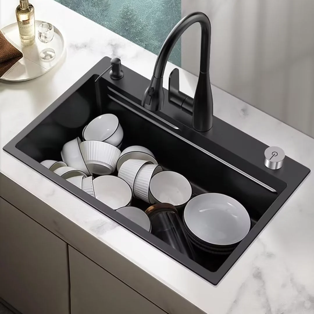 سینک ظرفشویی توکار بزرگ تک لگنه، سینک ایستگاه کاری، سینک آشپزخانه خانگی به همراه لوازم جانبی و شیر آب بیرون کشیدنی سه سرعته (65 46cm مشکی)