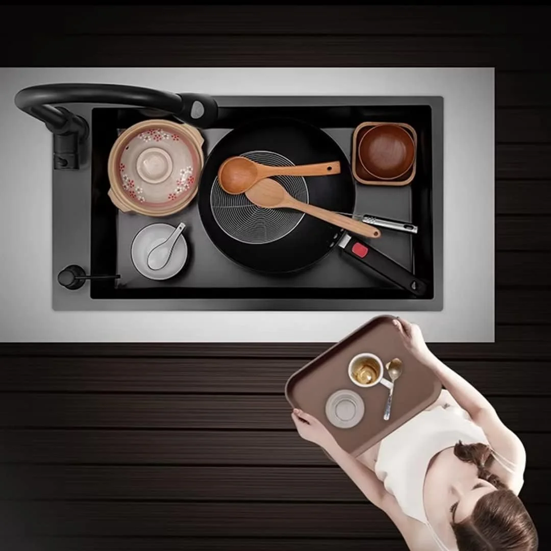 سینک ظرفشویی توکار، سینک بار، ایستگاه کاری، سینک دستی سبزیجات، شیر آب چند منظوره با قابلیت بیرون کشیدن، مجموعه لوازم جانبی 7 تکه (78 سانتی متر، مشکی)