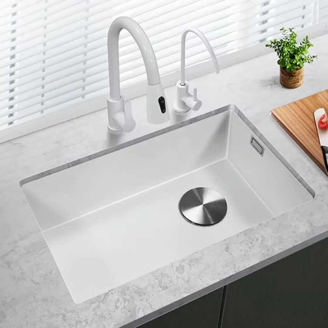 سینک ظرفشویی توکار دست ساز بزرگ تک لگنه سفید نانو سینک استیل 304 مناسب آشپزخانه بالکن بار