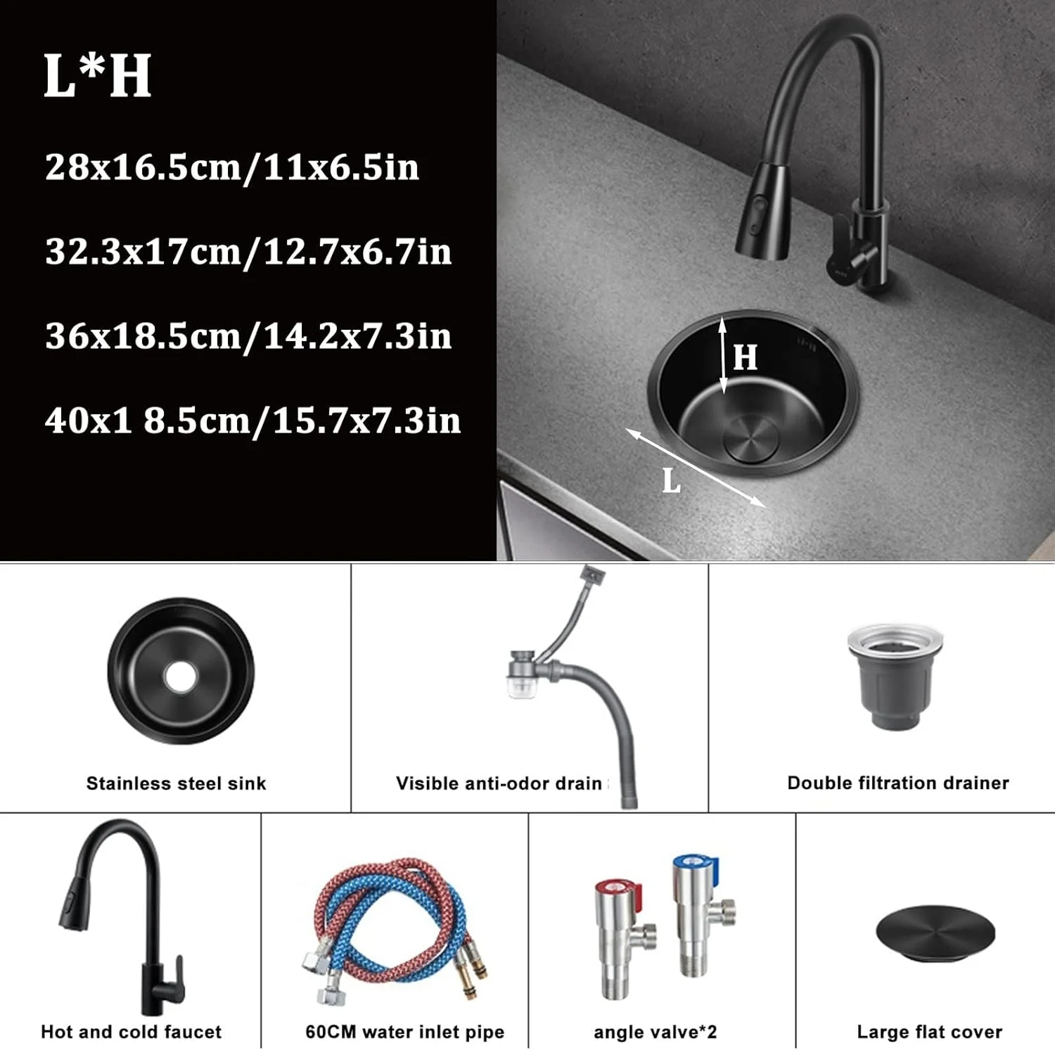 سینک گرد با شیر آب بیرون کشیدنی، سینک آشپزخانه مشکی گرد کوچک، سینک بار توکار، سینک زیرکابینتی با لوازم جانبی کامل / 40 سانتی متر