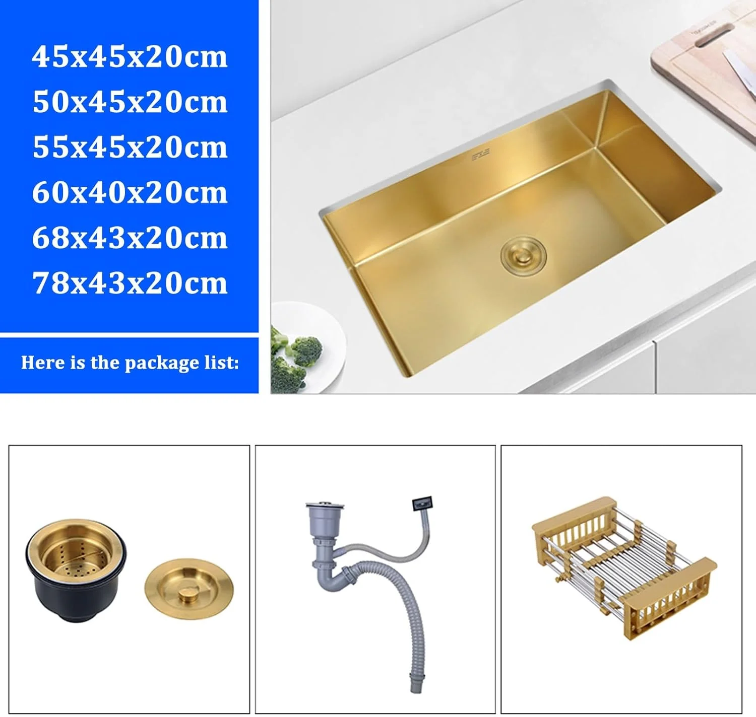 سینک ظرفشویی آشپزخانه، سینک توکار طلایی آشپزخانه، سینک زیرکابینتی ساخته شده از استیل ضد زنگ 304، 55x45x20 سانتی متر