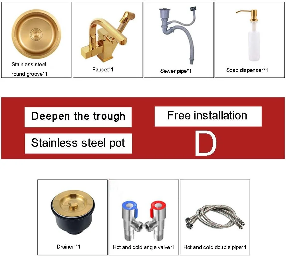 سینک ظرفشویی توکار طلایی سینک استیل 304 گرد مینی بار سینک دستی عمق سینک 19 سانتی متر، طلایی-d-40 * 40 * 19 سانتی متر