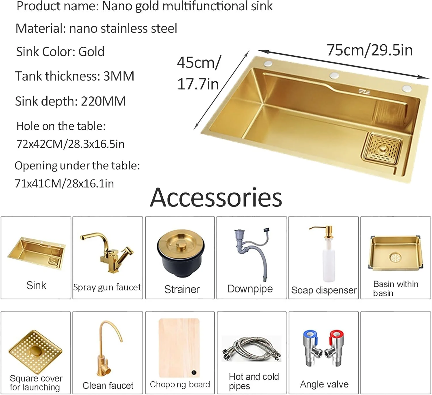سینک ظرفشویی استیل 304 طلایی، سینک زیرکابینتی مدرن، سینک کاربردی، سینک کارگاهی توکار، سینک مزرعه، سینک لباسشویی به همراه شیر آب بیرون کشویی، لگن کوچک و تخته برش