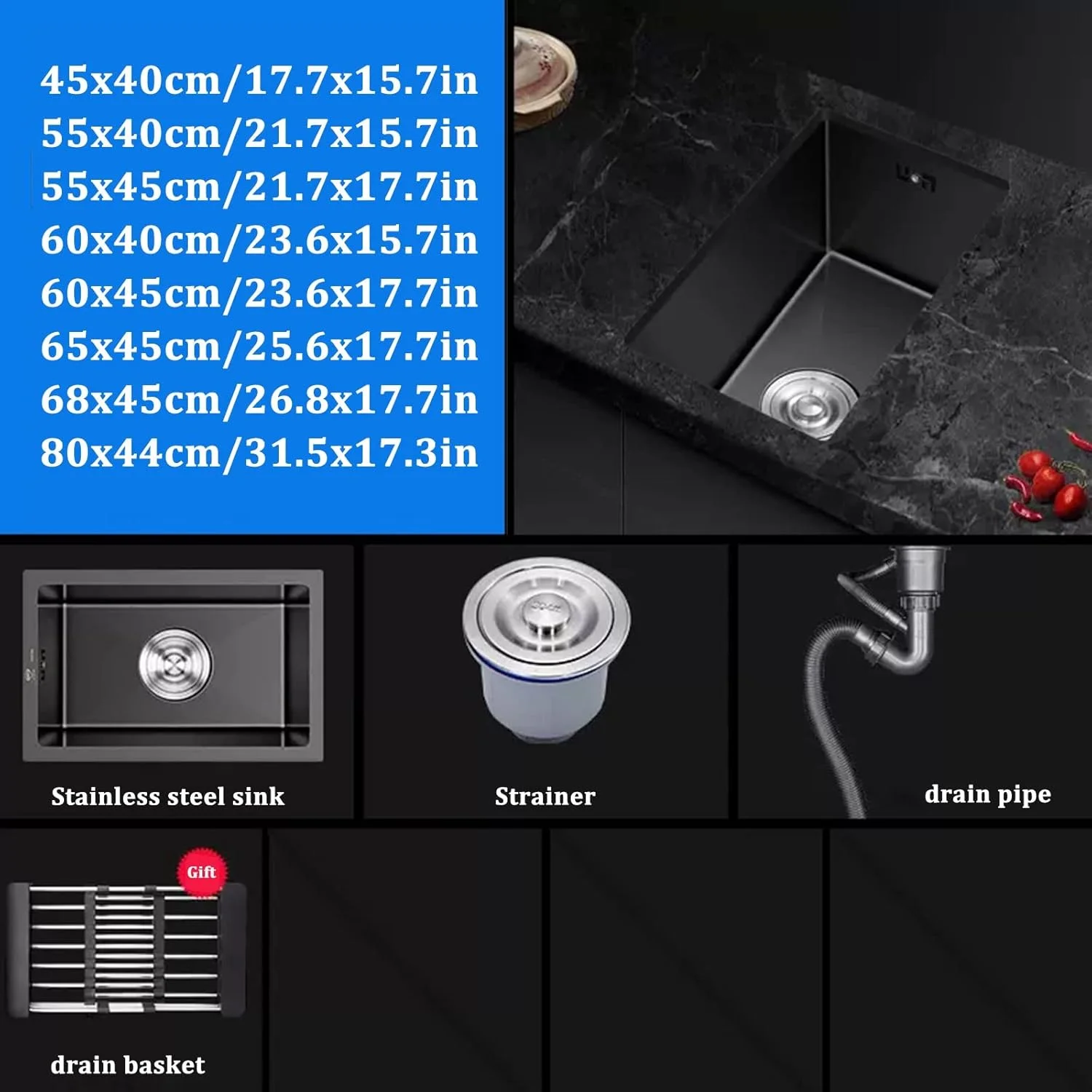 سینک ظرفشویی آشپزخانه، سینک بار، سینک توکار، سینک با لوله تخلیه، سینک کوچک استودیویی (مشکی 80 * 44 سانتی متر)