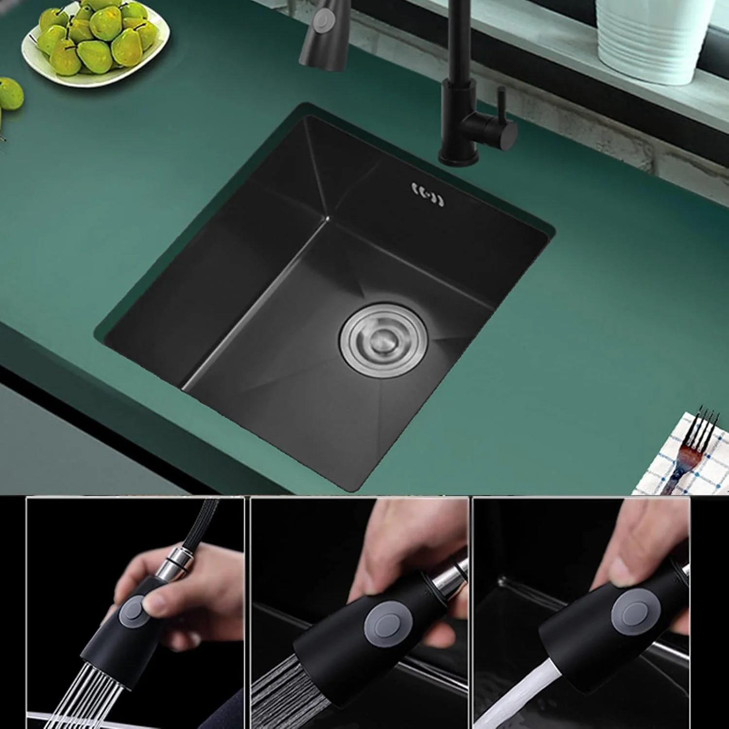 سینک ظرفشویی، سینک ظرفشویی با شیر، سینک مشکی بار، سینک توکار، شیر آب مشکی بیرون کشیدنی، لوازم جانبی کامل