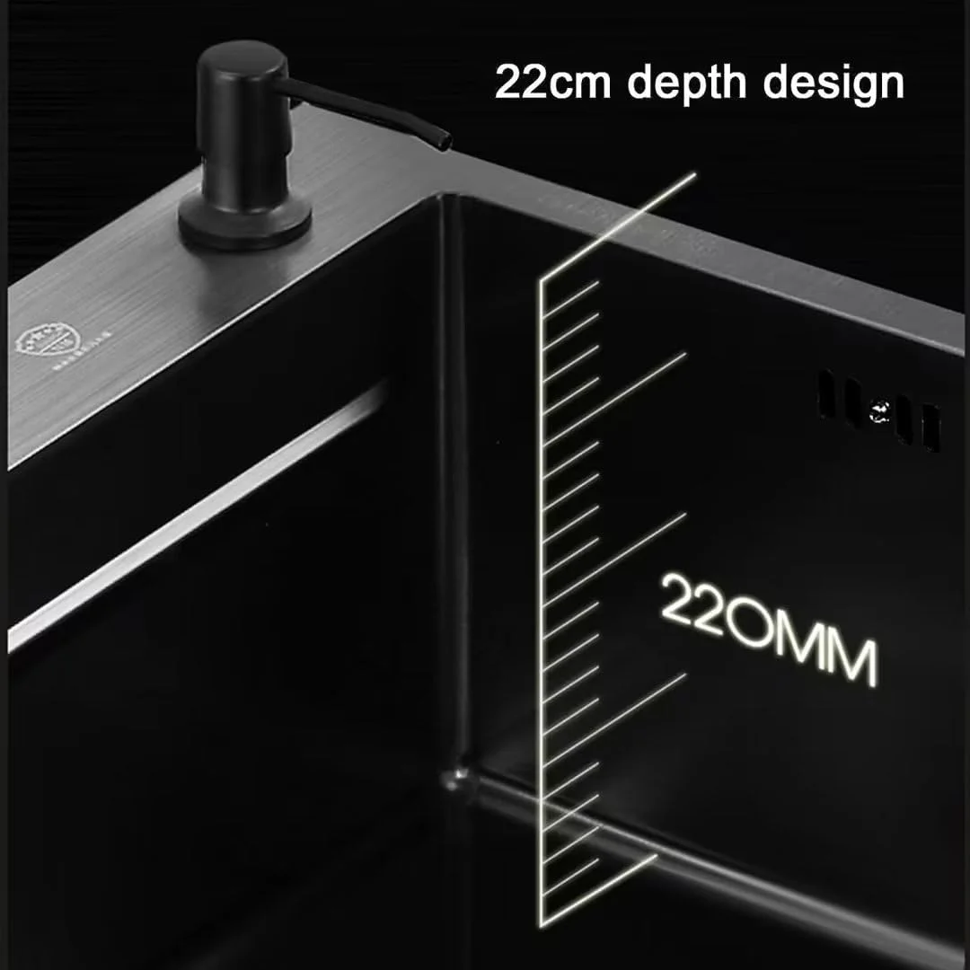 سینک ظرفشویی توکار بزرگ تک لگنه، سینک ایستگاه کاری، سینک آشپزخانه خانگی به همراه لوازم جانبی و شیر آب بیرون کشیدنی سه سرعته (65 46cm مشکی)