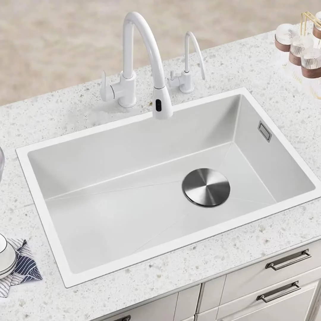 سینک ظرفشویی توکار دست ساز بزرگ تک لگنه سفید نانو سینک استیل 304 مناسب آشپزخانه بالکن بار