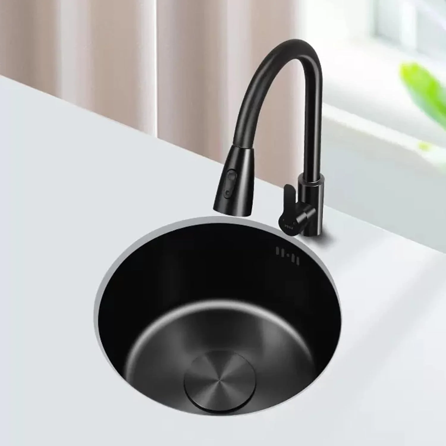 سینک گرد با شیر آب بیرون کشیدنی، سینک آشپزخانه مشکی گرد کوچک، سینک بار توکار، سینک زیرکابینتی با لوازم جانبی کامل / 40 سانتی متر