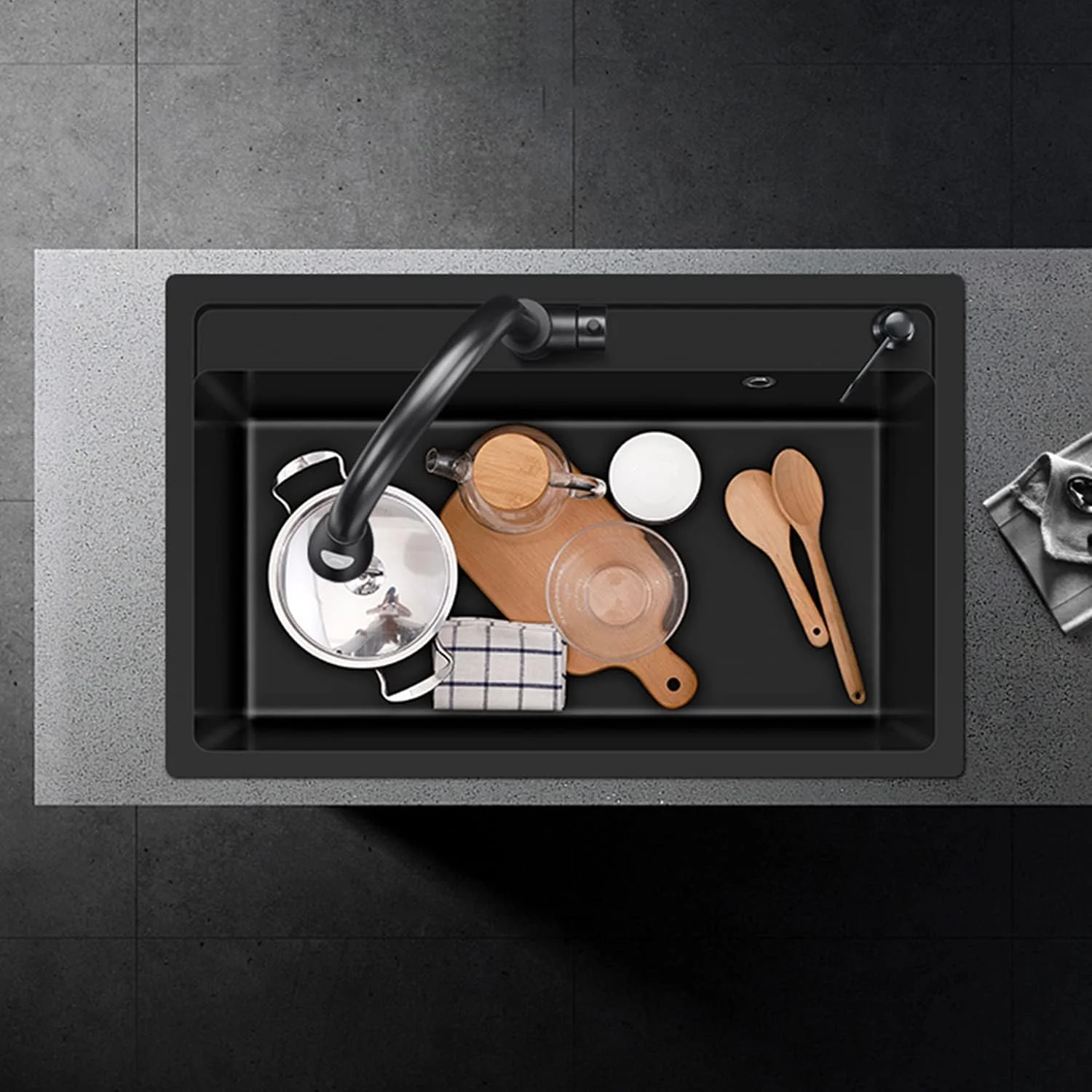 سینک ظرفشویی آشپزخانه، سینک تک لگن مستطیلی، سینک بزرگ دست ساز سنگی کوارتز خانگی، سینک توکار رستوران و بار، B-68 * 46 * 20 سانتی متر