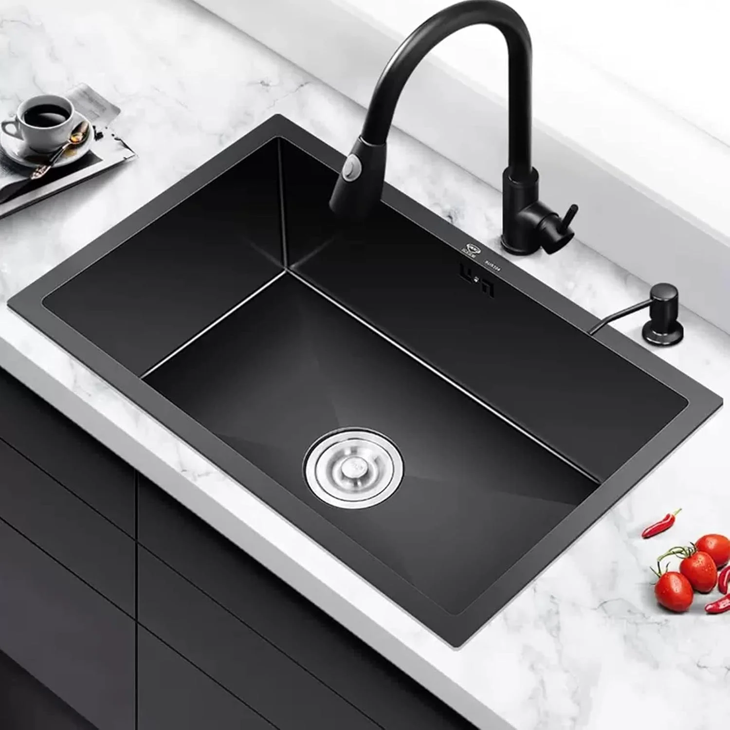 سینک ظرفشویی آشپزخانه، سینک بار، سینک توکار، سینک با لوله تخلیه، سینک کوچک استودیویی (مشکی 80 * 44 سانتی متر)