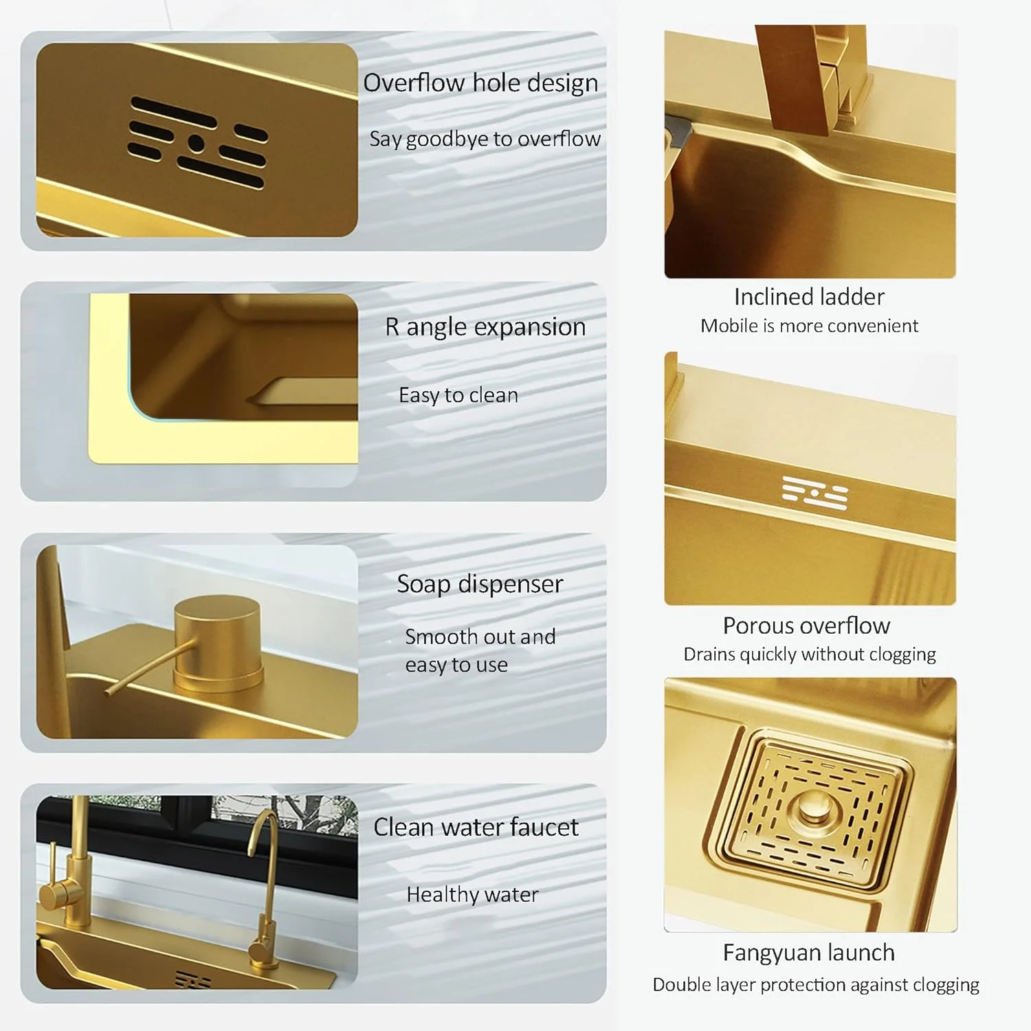 سینک ظرفشویی استیل 304 طلایی، سینک زیرکابینتی مدرن، سینک کاربردی، سینک کارگاهی توکار، سینک مزرعه، سینک لباسشویی به همراه شیر آب بیرون کشویی، لگن کوچک و تخته برش