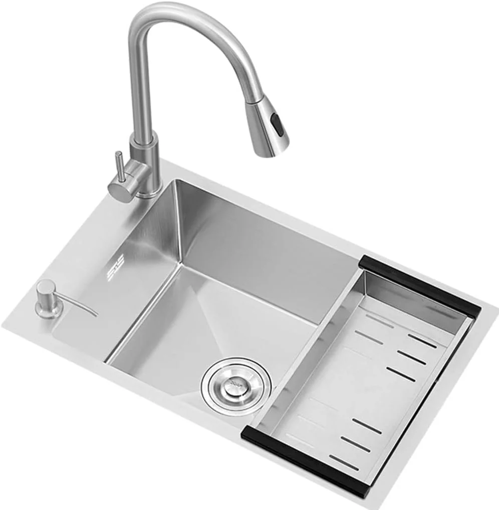 سینک ظرفشویی استیل 304، سینک توکار با شیر آب، سبد آبکش و لوازم جانبی کامل، نقره ای - 60x35x20 سانتی متر