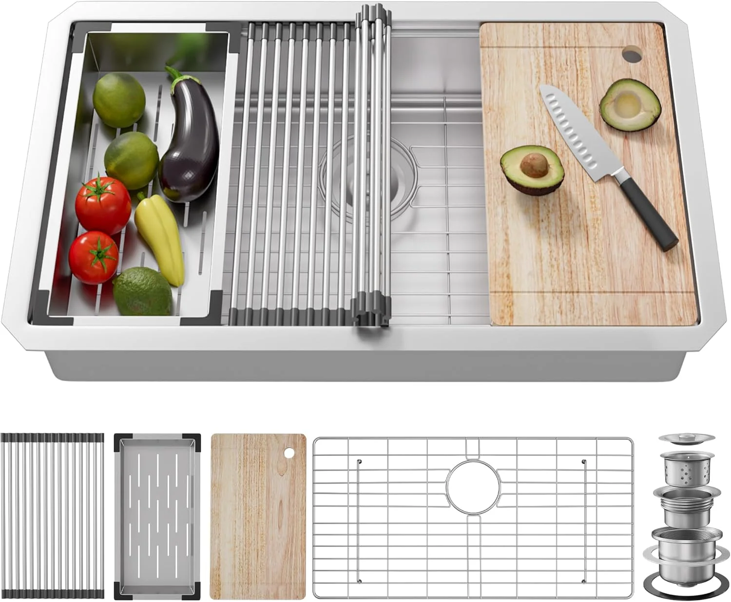 سینک ظرفشویی استیل زیرکار 33 اینچی، سینک استیل 33x19 گیج 16، سینک تک لگنه عمیق ورک استیشن، سینک آشپزخانه زیرکابینتی با لوازم جانبی داخلی