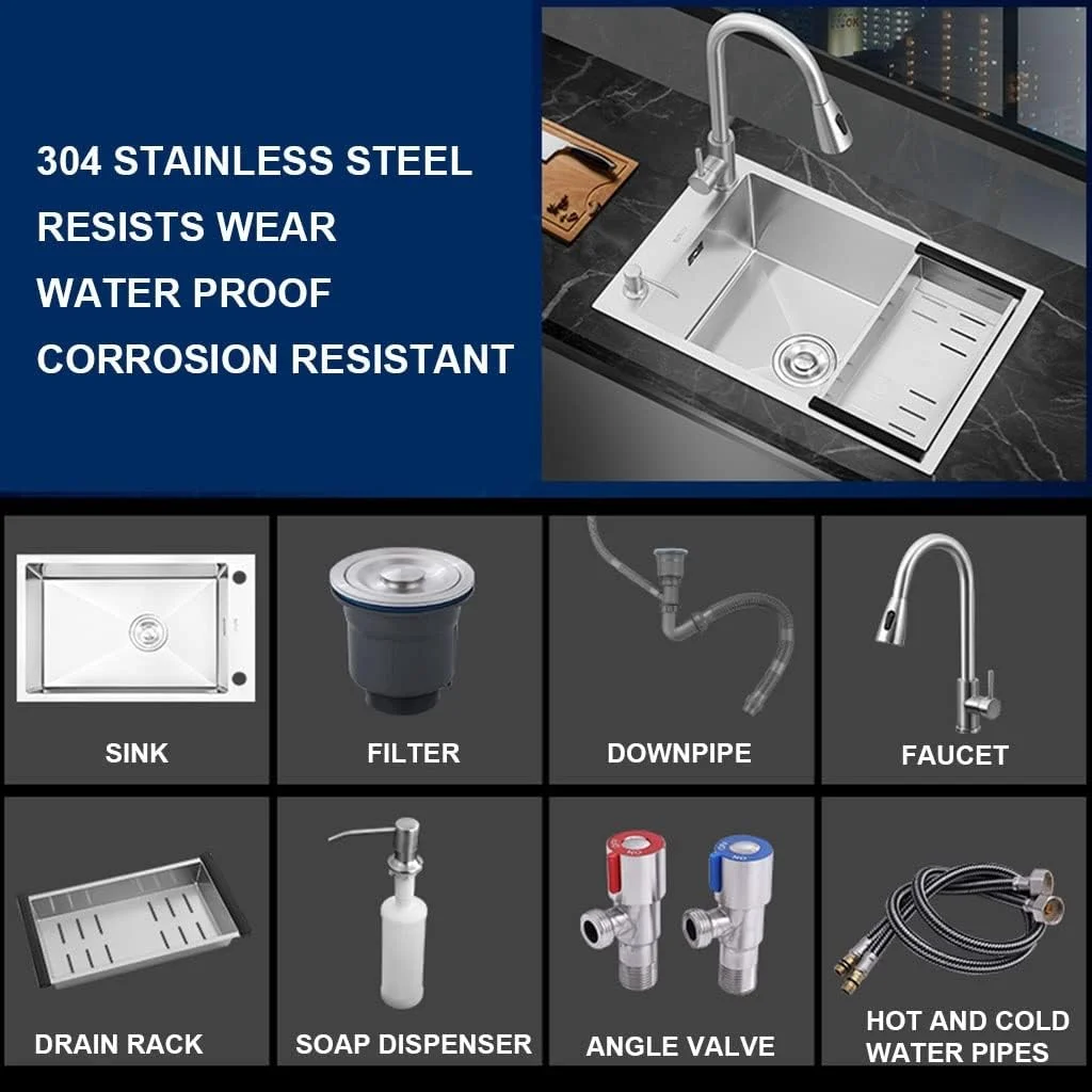 سینک ظرفشویی استیل 304، سینک توکار با شیر آب، سبد آبکش و لوازم جانبی کامل، نقره ای - 60x35x20 سانتی متر