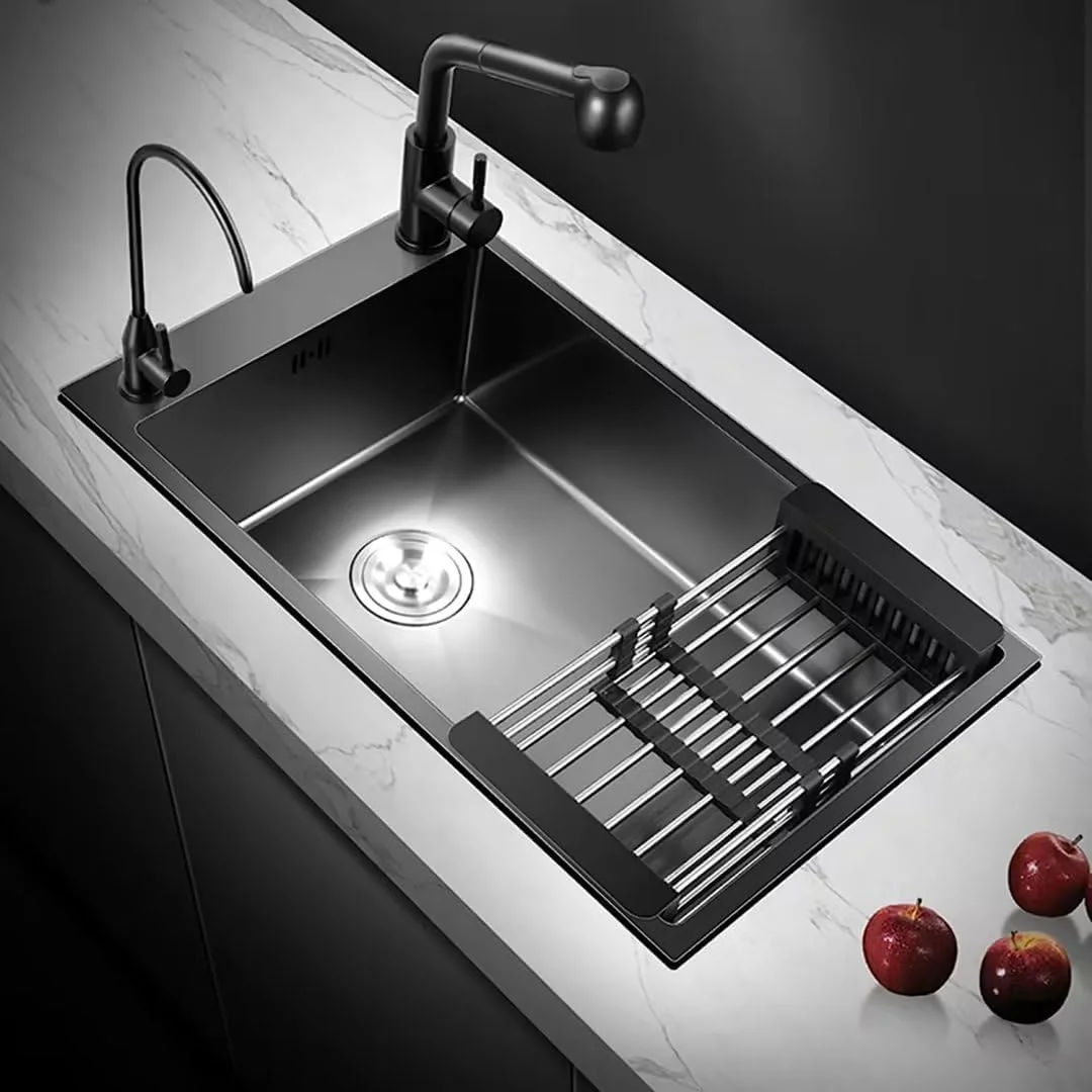 سینک ظرفشویی باریک، سینک توکار آشپزخانه، سینک تک لگنه آشپزخانه به همراه لوازم جانبی برای بالکن بار (45 سانتی متر مشکی)