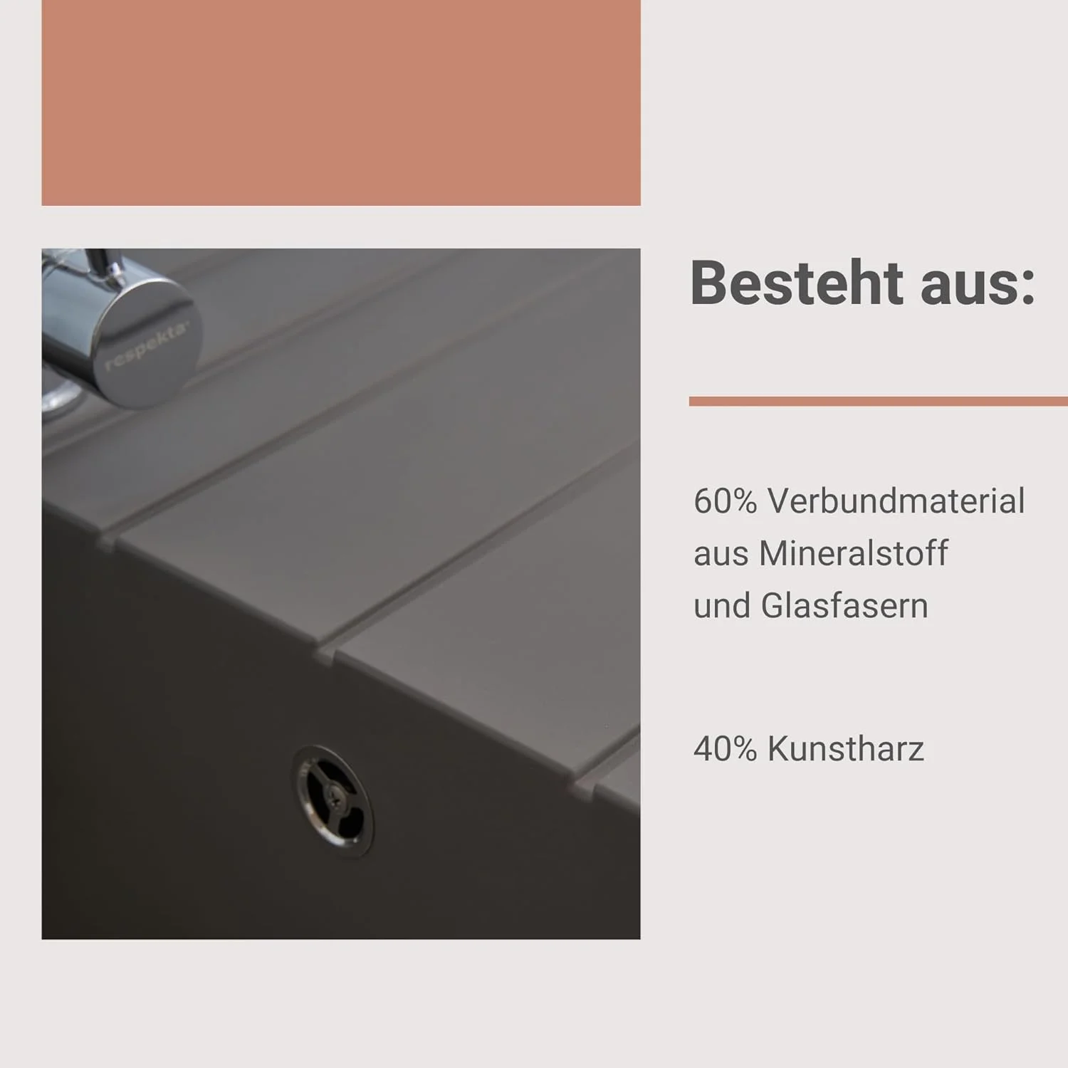 سینک توکار رسپکتا هوستون مدل Mineralite خاکستری / سینک Mineralite تک لگنه 62x50 سانتی متر / مناسب برای کابینت های زیر سینک با عرض 50 سانتی متر