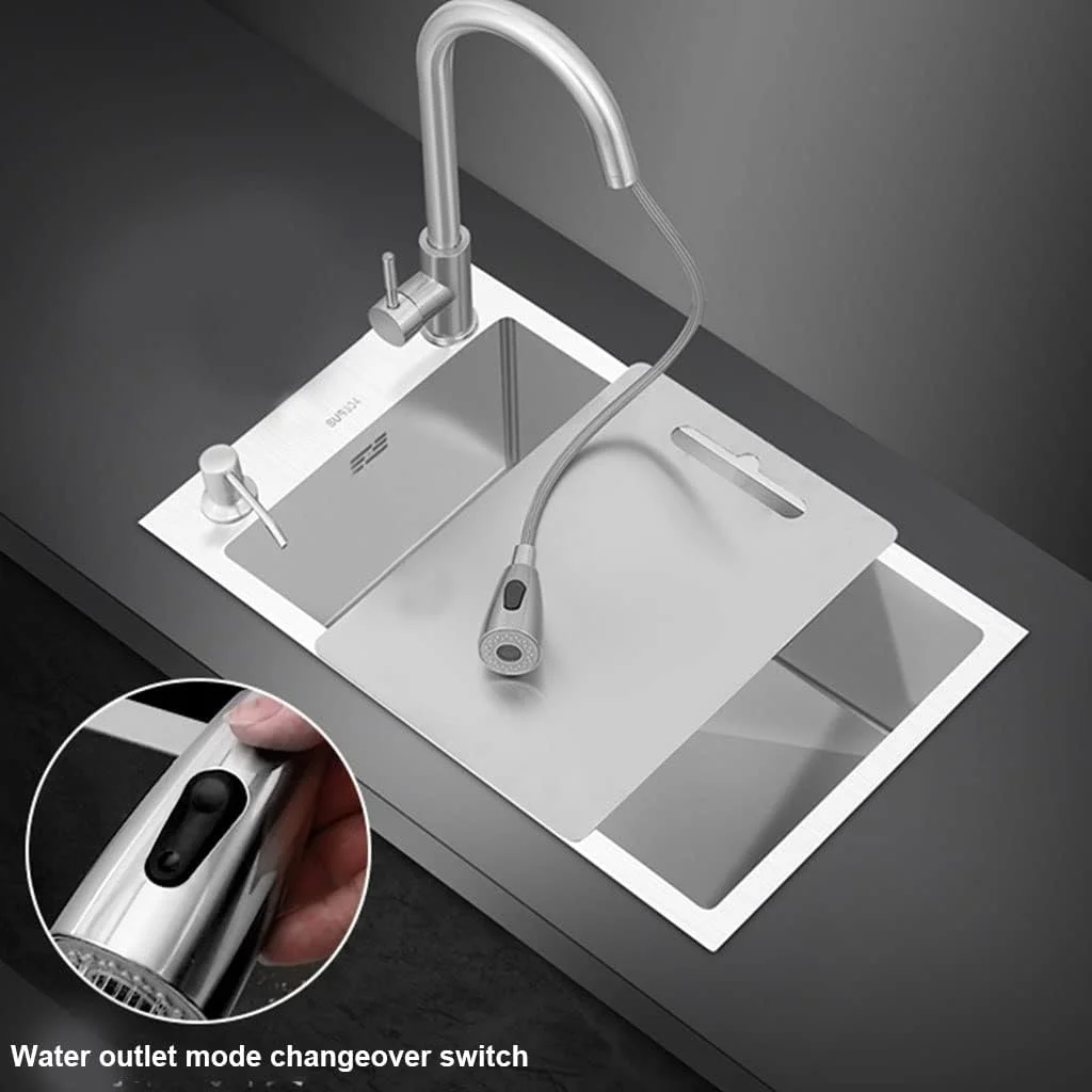 سینک ظرفشویی استیل 304، سینک توکار با شیر آب، سبد آبکش و لوازم جانبی کامل، نقره ای - 60x35x20 سانتی متر