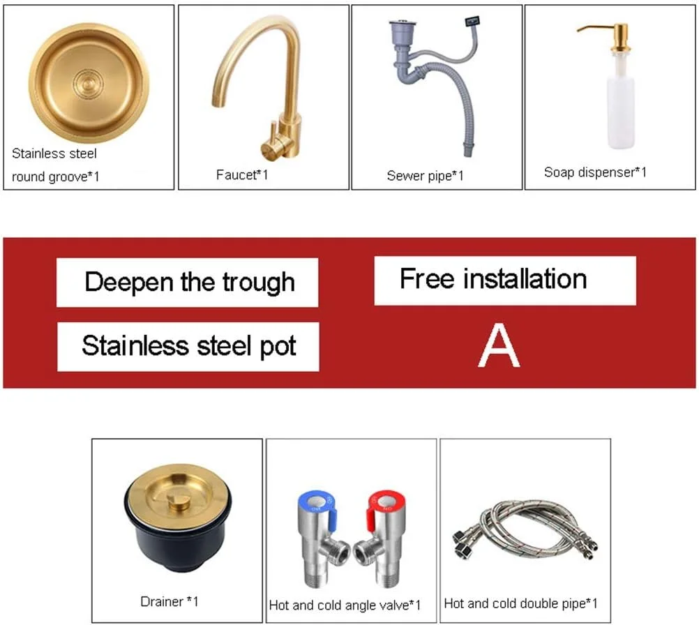 سینک ظرفشویی توکار طلایی سینک استیل 304 گرد مینی بار سینک دستی عمق سینک 19 سانتی متر، طلایی-a-40 * 40 * 19 سانتی متر