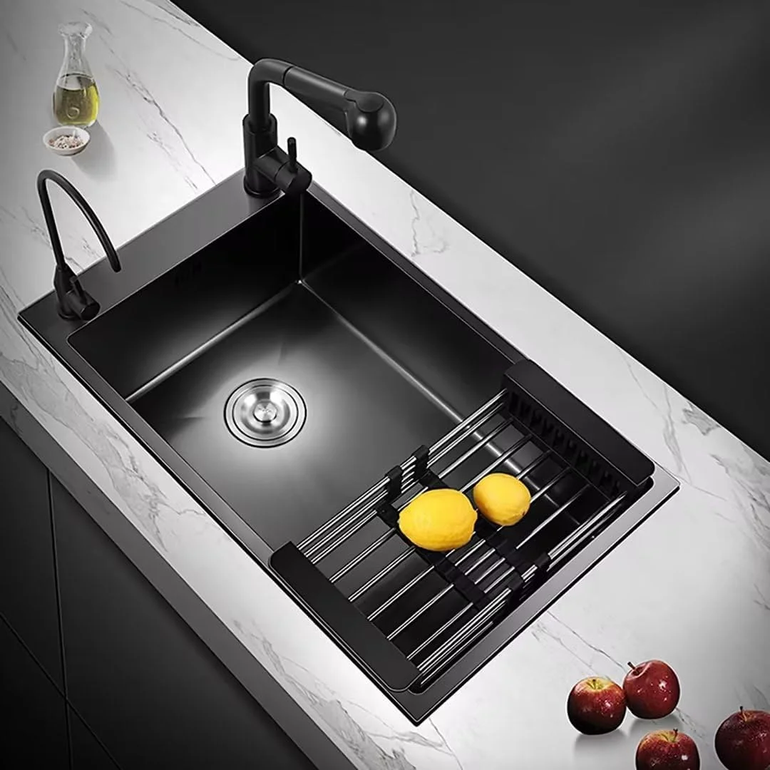سینک ظرفشویی باریک، سینک توکار آشپزخانه، سینک تک لگنه آشپزخانه به همراه لوازم جانبی برای بالکن بار (45 سانتی متر مشکی)