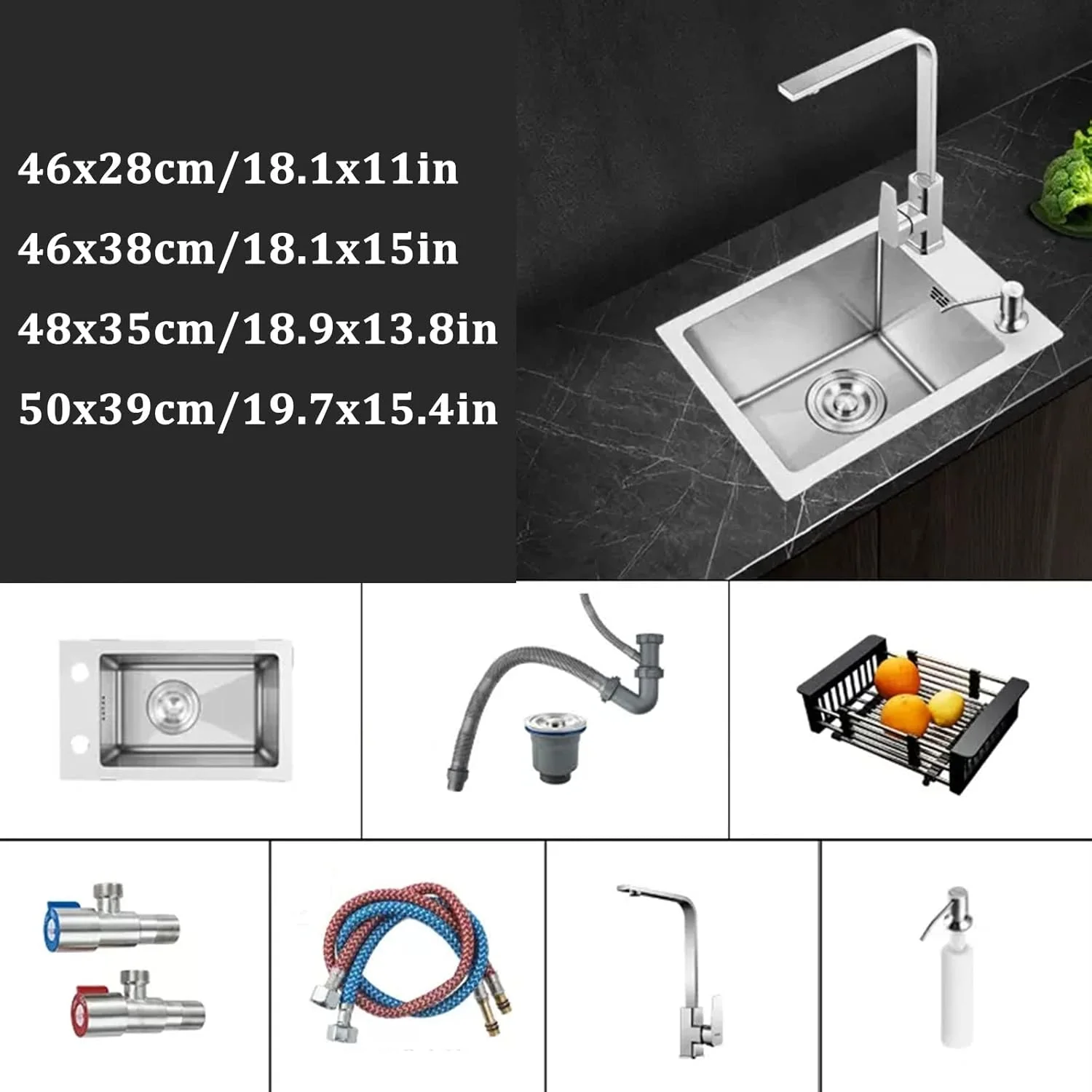سینک ظرفشویی تک لگنه استیل ضد زنگ سینک کوچک توکار با شیرآلات و لوازم جانبی کامل، نقره ای - 50x39 سانتی متر