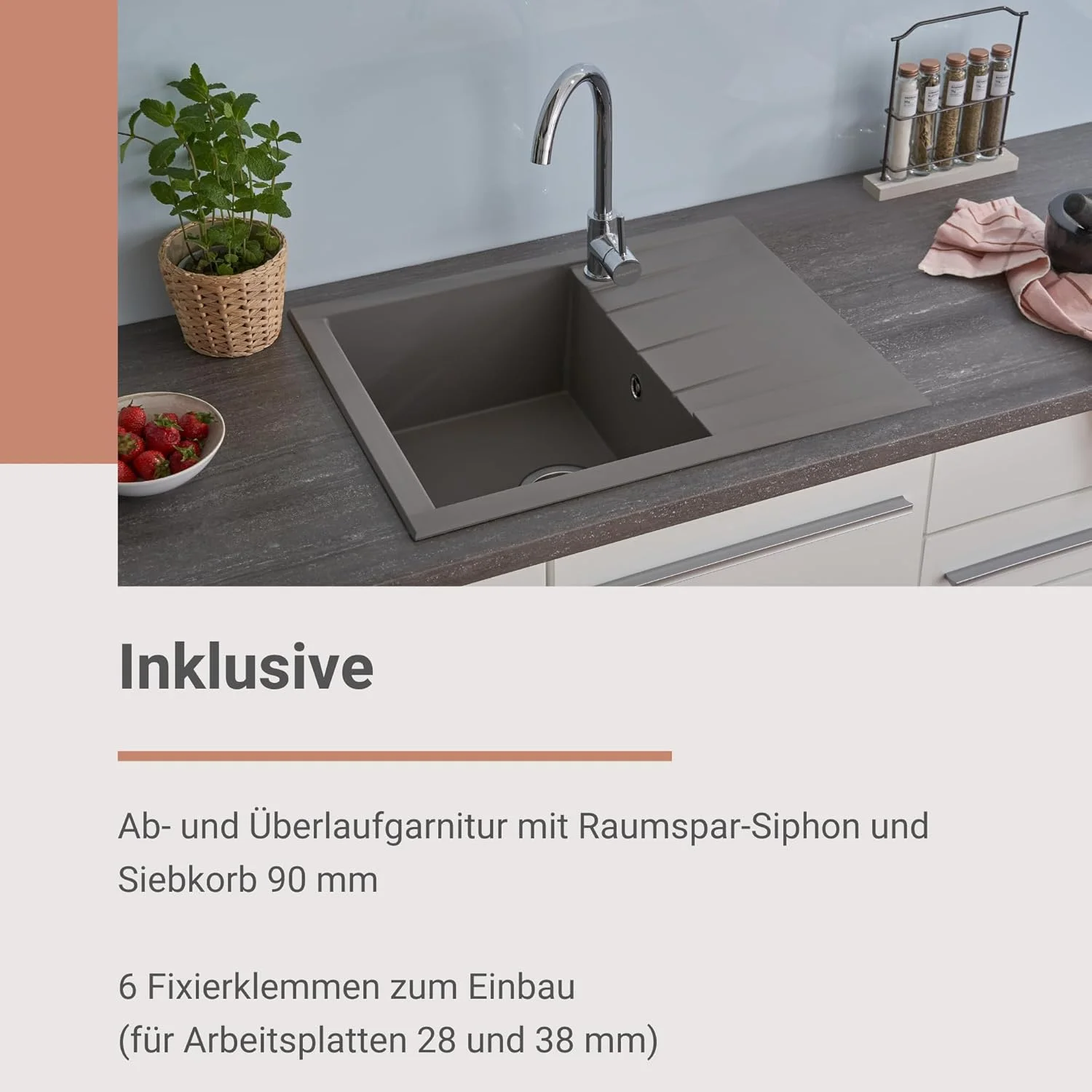 سینک توکار رسپکتا هوستون مدل Mineralite خاکستری / سینک Mineralite تک لگنه 62x50 سانتی متر / مناسب برای کابینت های زیر سینک با عرض 50 سانتی متر