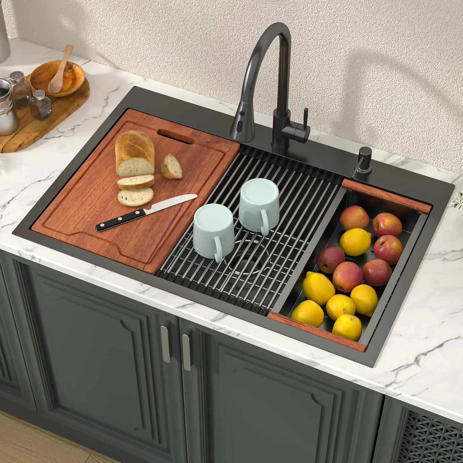 سینک ظرفشویی مشکی لردیر مدل 33 اینچی - سینک ظرفشویی مشکی استیل ضد زنگ تک لگنه با ضخامت 16 گیج، مناسب نصب روکار، دارای لوازم جانبی