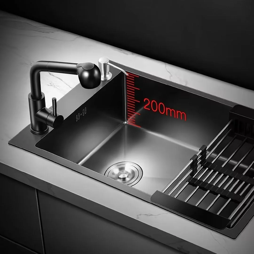 سینک ظرفشویی باریک، سینک توکار آشپزخانه، سینک تک لگنه آشپزخانه به همراه لوازم جانبی برای بالکن بار (45 سانتی متر مشکی)