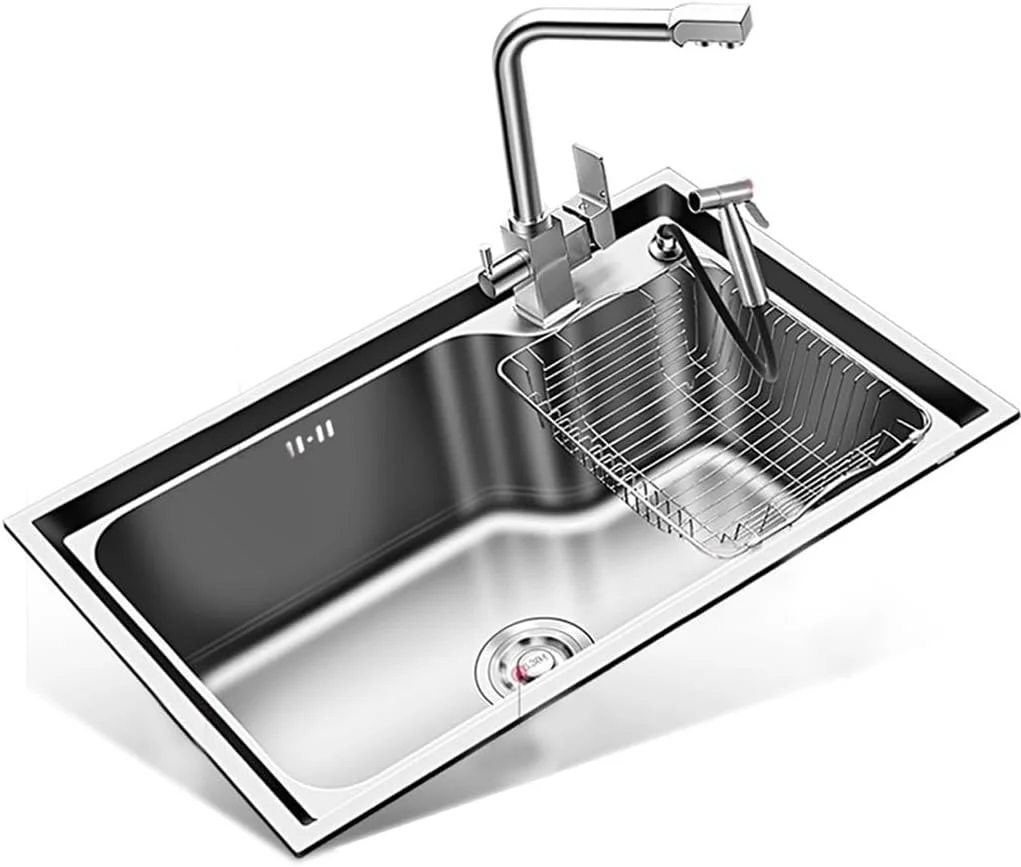 سینک ظرفشویی استیل ضد زنگ با خروجی آبشاری، سینک آشپزخانه مشکی ضخیم تک لگنه به همراه فنجان شوی و لوازم جانبی کامل (رنگ: مشکی، اندازه: 80x45 سانتی متر)