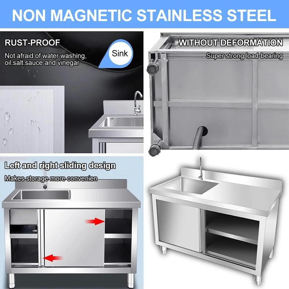 سینک ظرفشویی استیل ایستاده DEONG با کابینت، سینک آشپزخانه داخلی و خارجی، با میز کار و فضای ذخیره سازی، برای باغ، گاراژ، رستوران تجاری (100 سانتی متر)