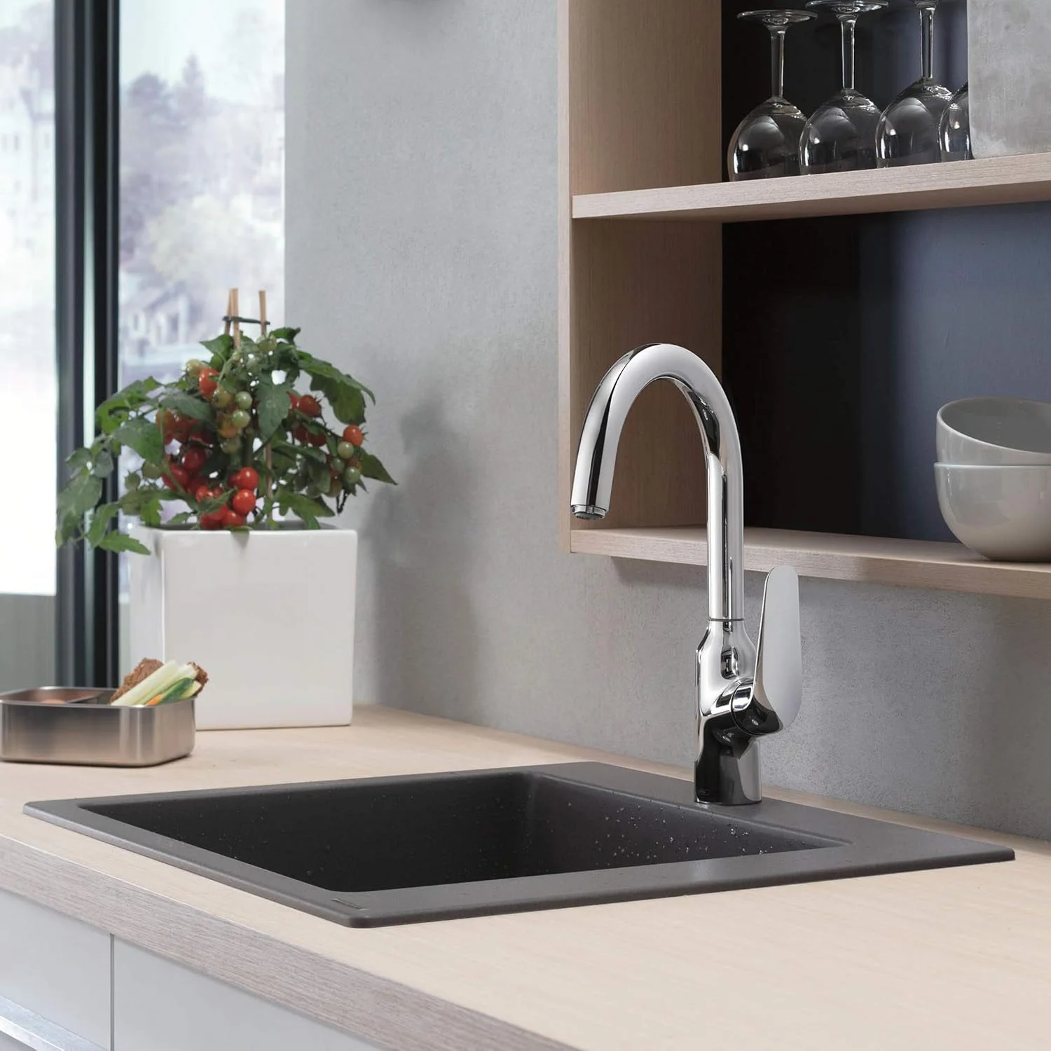 سینک گرانیتی آشپزخانه هانسگروهه SilicaTec (سینک توکار 450 میلی متر برای کابینت پایه 600 میلی متر) خاکستری سنگی