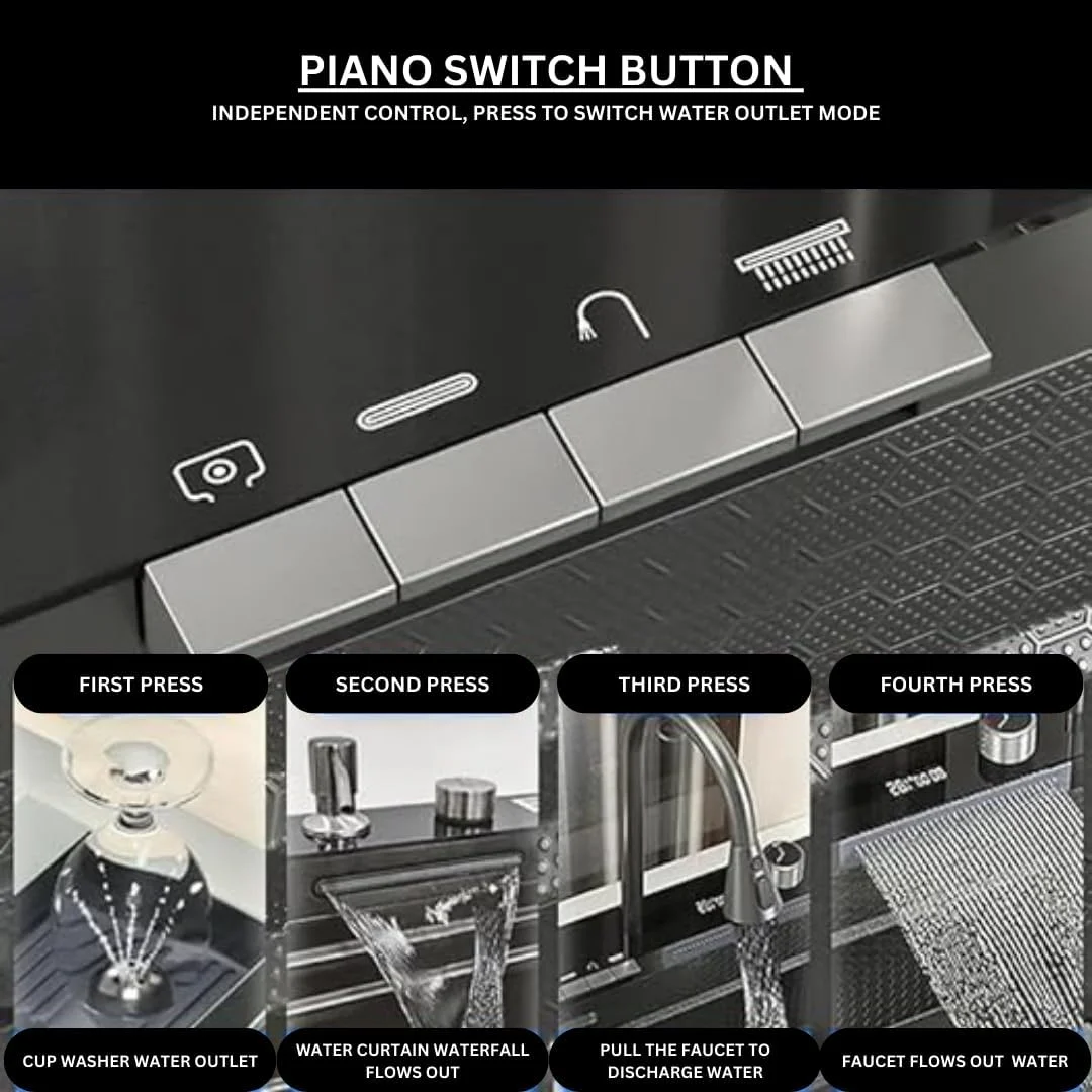 سینک ظرفشویی هوشمند استیل مشکی، ارتقاء ایستگاه کاری آشپزخانه با سر قابل افزایش، نمایشگر دیجیتال LED، طراحی مدرن به همراه شیر و تمام لوازم جانبی