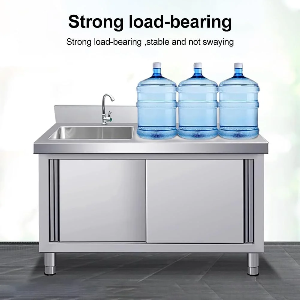 سینک ظرفشویی استیل ایستاده DEONG با کابینت، سینک آشپزخانه داخلی و خارجی، با میز کار و فضای ذخیره سازی، برای باغ، گاراژ، رستوران تجاری (100 سانتی متر)