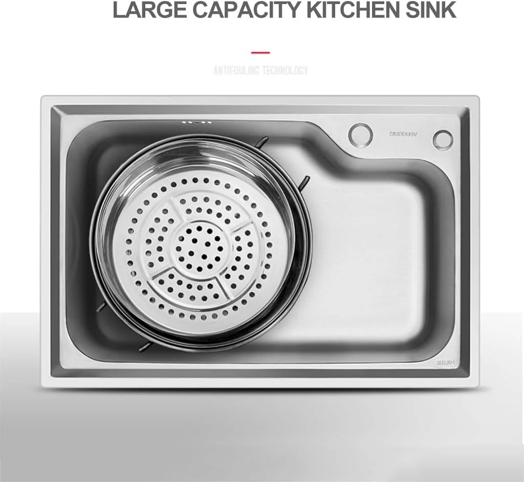 سینک ظرفشویی استیل ضد زنگ با خروجی آبشاری، سینک آشپزخانه مشکی ضخیم تک لگنه به همراه فنجان شوی و لوازم جانبی کامل (رنگ: مشکی، اندازه: 80x45 سانتی متر)