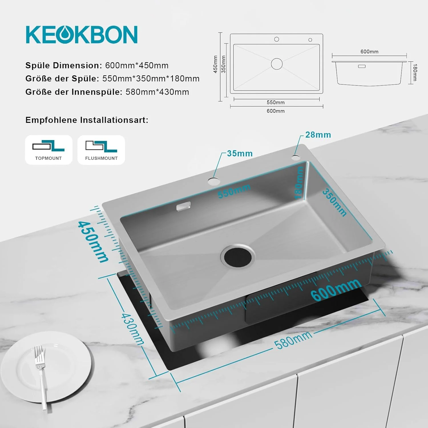 سینک ظرفشویی مربع استیل KEOKBON، 60 x 45 سانتی متر، سینک توکار آشپزخانه، بزرگ مناسب کابینت 70 سانتی متری ساخته شده از استیل 304، سینک آشپزخانه دست ساز، 1 لگن، سینک استیل توکار به همراه شیر