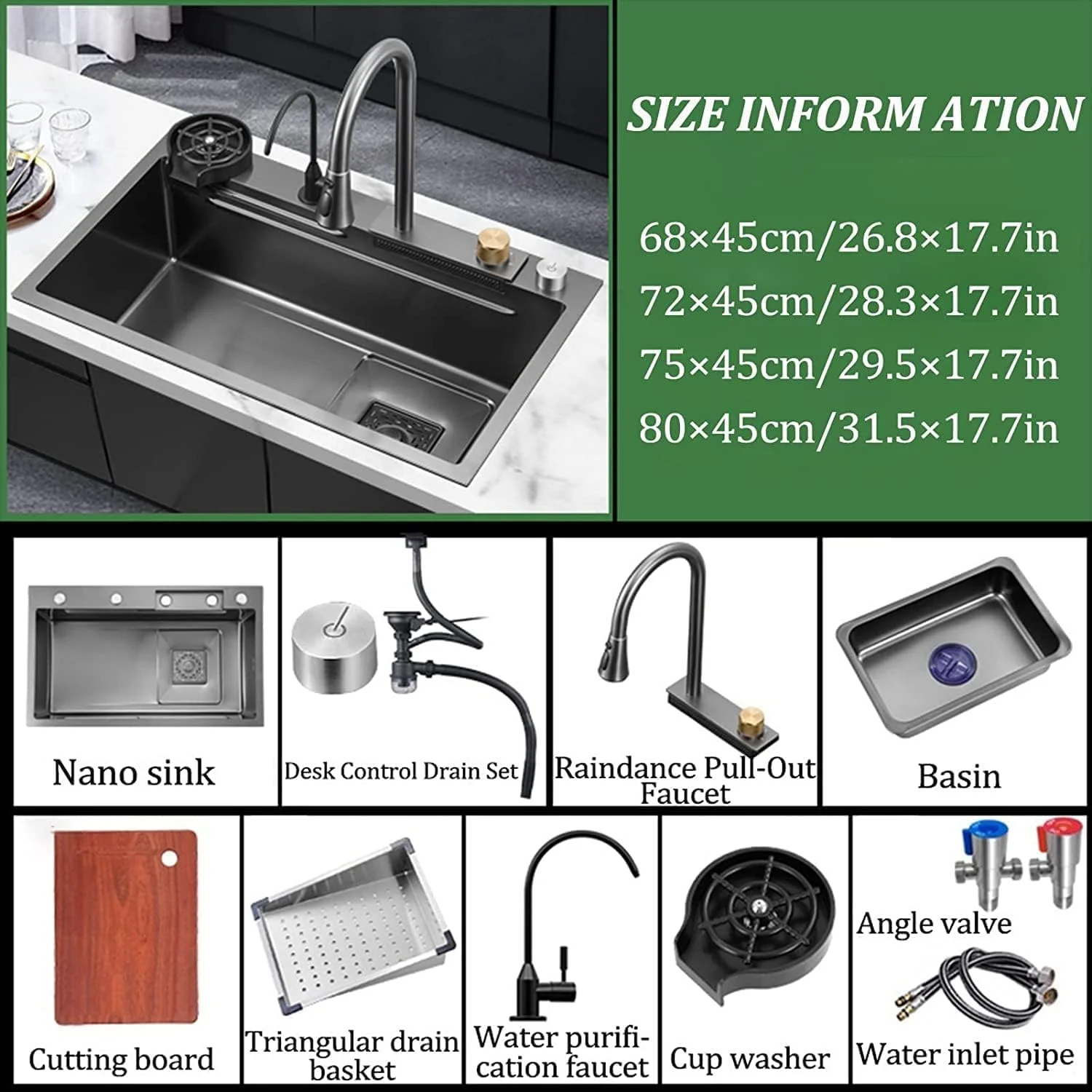 سینک ظرفشویی آبشاری ZYTSHOP، سینک بار استیل 304، تک لگنه با لیوان شوی، سینک ورک استیشن (75x45 سانتی متر)، مشکی