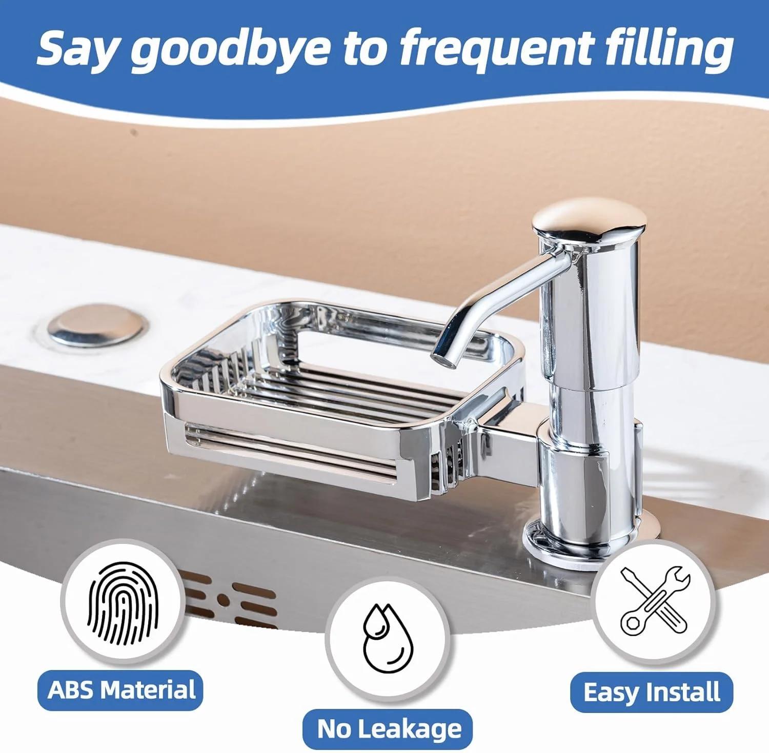 مایع ریز سینک ظرفشویی، مایع ریز سینک آشپزخانه با نگهدارنده اسفنج، کیت لوله توسعه 38 اینچی، پمپ مایع ریز توکار، بدون نیاز به پر کردن مجدد، قدرت مکش خوب (کروم)