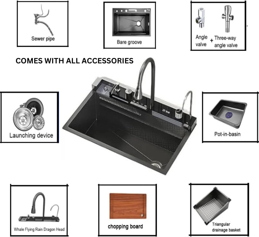 سینک ظرفشویی هوشمند استیل مشکی، ارتقاء ایستگاه کاری آشپزخانه با سر قابل افزایش، نمایشگر دیجیتال LED، طراحی مدرن به همراه شیر و تمام لوازم جانبی
