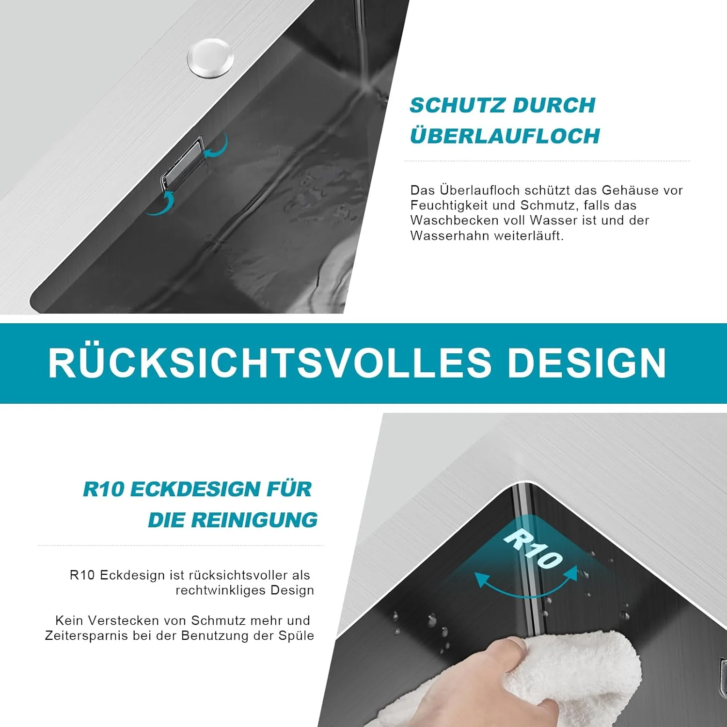 سینک ظرفشویی مربع استیل KEOKBON، 60 x 45 سانتی متر، سینک توکار آشپزخانه، بزرگ مناسب کابینت 70 سانتی متری ساخته شده از استیل 304، سینک آشپزخانه دست ساز، 1 لگن، سینک استیل توکار به همراه شیر