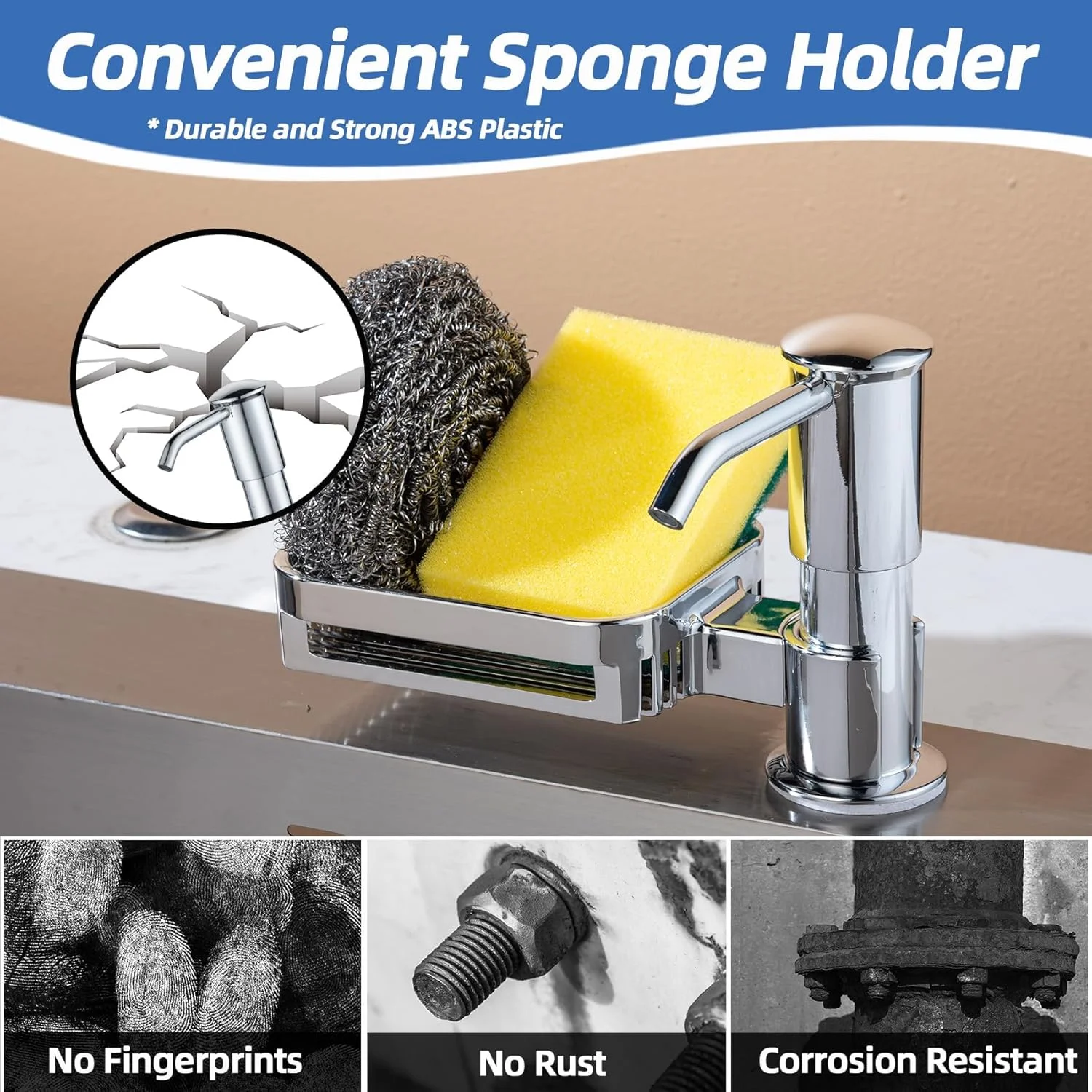 مایع ریز سینک ظرفشویی، مایع ریز سینک آشپزخانه با نگهدارنده اسفنج، کیت لوله توسعه 38 اینچی، پمپ مایع ریز توکار، بدون نیاز به پر کردن مجدد، قدرت مکش خوب (کروم)