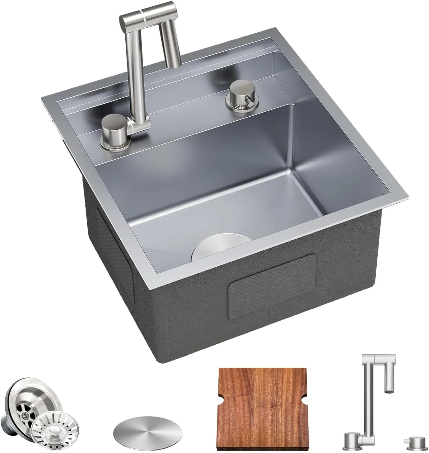 سینک ظرفشویی آشپزخانه RV توروا، 40 x 43 x 23 سانتی متر، سینک زیرکابینتی استیل تک لگنه با شیر و تخته برش، خاکستری