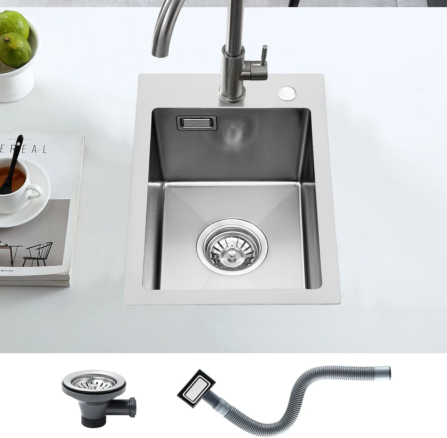 سینک ظرفشویی مربع استیل نانو سیلور KEOKBON با 2 سوراخ شیر آب، 30 در 45 سانتی متر، سینک توکار تک لگنه شامل سبد صافی، شیر و سرریز، سینک ظرفشویی کوچک مستطیلی