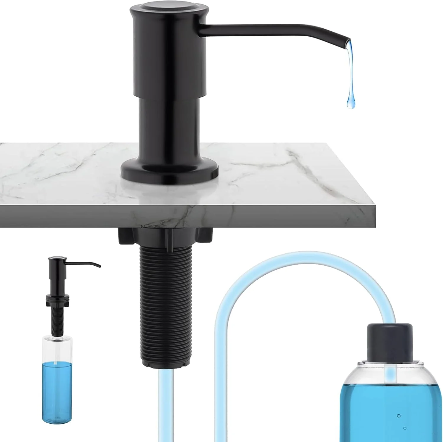 جامایع ظرفشویی توکار مشکی ایبرگریف مدل M34040B، جامایع رومیزی با بطری 500 میلی لیتری و کیت لوله افزایش طول 100 سانتی متری، استیل ضد زنگ