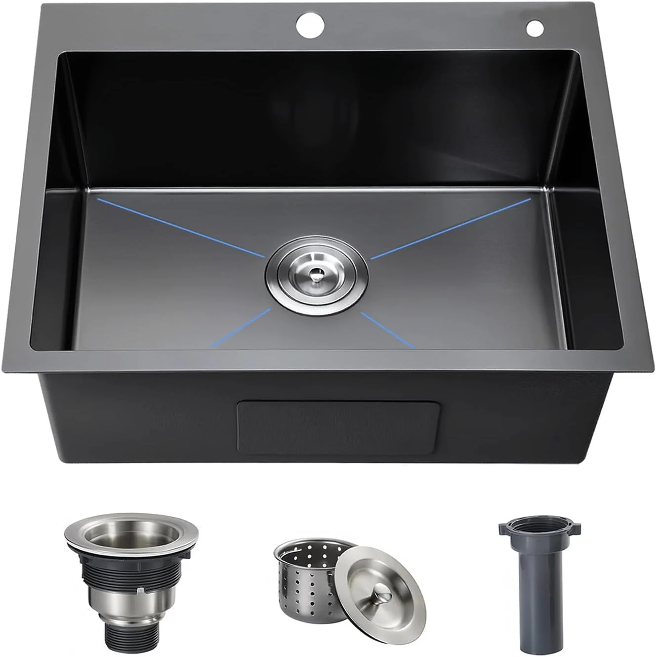 سینک استیل مشکی Ecoxsnz، 30 در 38 سانتی متر، سینک تک لگنه توکار، سینک ظرفشویی کوچک با سوراخ شیرآلات، سینک ظرفشویی دو سوراخه (مشکی، 30 در 38 سانتی متر)