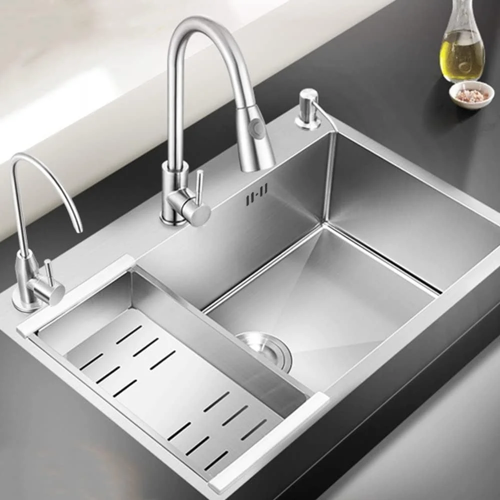 سینک ظرفشویی استیل HaTur، 60 x 45 سانتی متر، ست سینک آشپزخانه، سینک توکار، 1 لگن، نقره ای