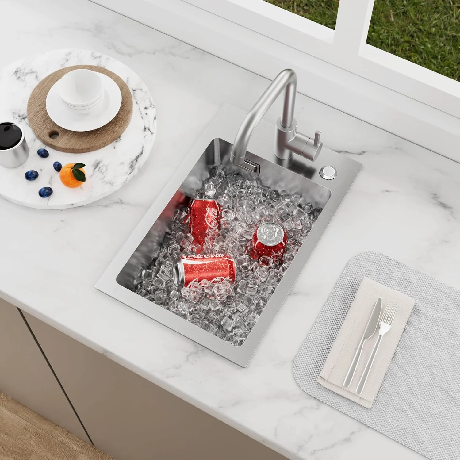 سینک ظرفشویی مربع استیل نانو سیلور KEOKBON با 2 سوراخ شیر آب، 30 در 45 سانتی متر، سینک توکار تک لگنه شامل سبد صافی، شیر و سرریز، سینک ظرفشویی کوچک مستطیلی