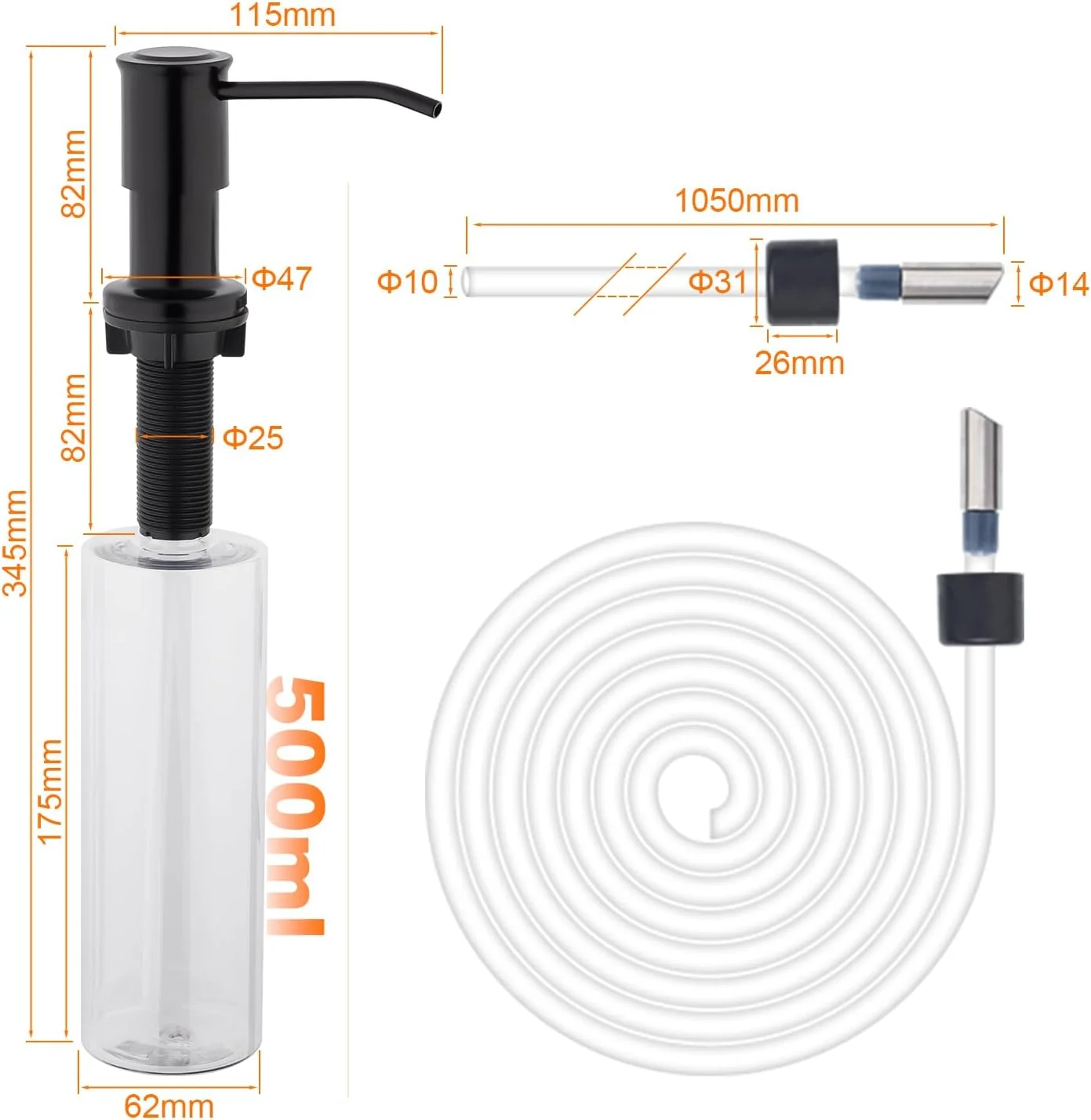 جامایع ظرفشویی توکار مشکی ایبرگریف مدل M34040B، جامایع رومیزی با بطری 500 میلی لیتری و کیت لوله افزایش طول 100 سانتی متری، استیل ضد زنگ